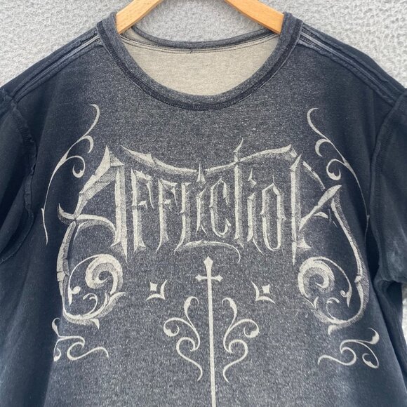 Affliction Shirt Mens M Black Gray Ombre Reversible Short Sleeve Pullover Tee - Picture 6 of 12